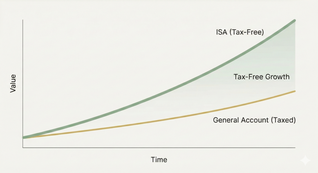 A minimalist line graph with a sage green line showing the higher, tax-free growth of an ISA over time compared to a lower, muted gold line representing a taxed general investment account. The area between them is shaded to highlight the "Tax-Free Growth".