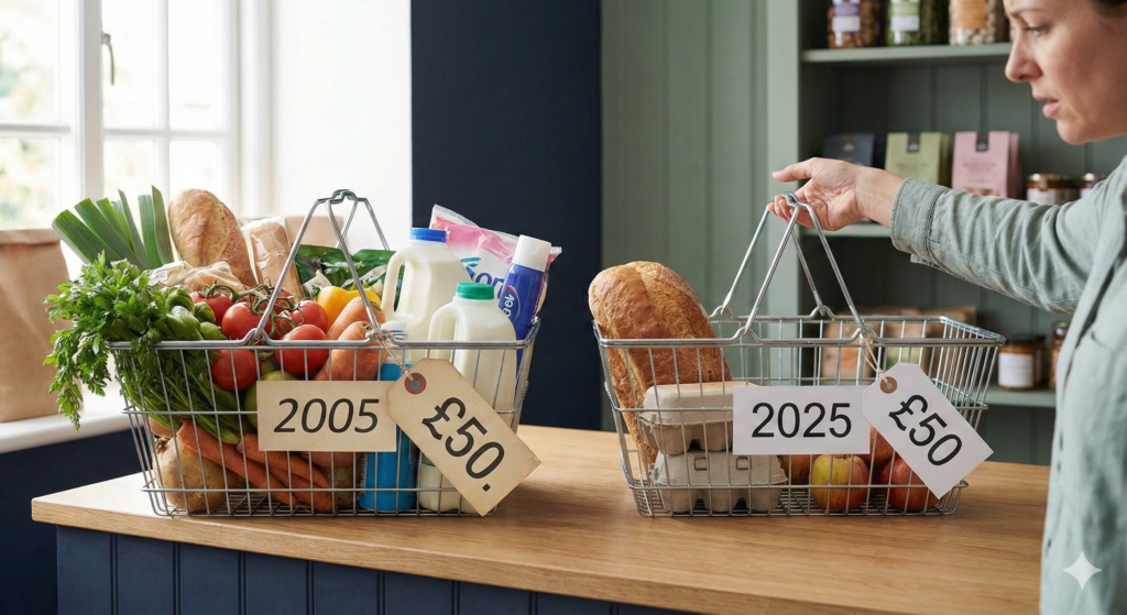A side by side visual of two wire shopping baskets on a kitchen counter. The basket labeled 2005 is overflowing with fresh produce and groceries. The basket labeled 2025 contains significantly fewer items. Both baskets display identical 50 pound price tags, demonstrating how inflation reduces purchasing power.