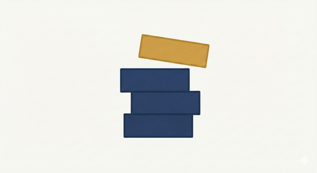 A flat design illustration showing three navy blue building blocks stacked together, representing personal contributions. A single mustard gold block, representing the 25% government bonus, is being placed on top of the stack.