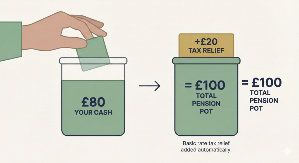 An infographic illustration demonstrating pension tax relief: a hand contributes an £80 sage green block, and a £20 gold government tax relief block is added automatically to create a £100 total pension pot.
