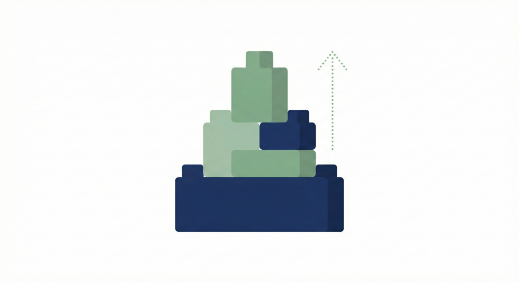 Illustration of navy and green building blocks stacked in a pyramid with an upward arrow, symbolizing wealth building.