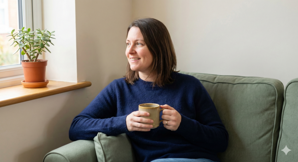 A candid photo of a woman relaxing on a sofa with a mug of coffee in a cosy living room, representing the peace of mind that comes from having a secure financial foundation like an emergency fund.