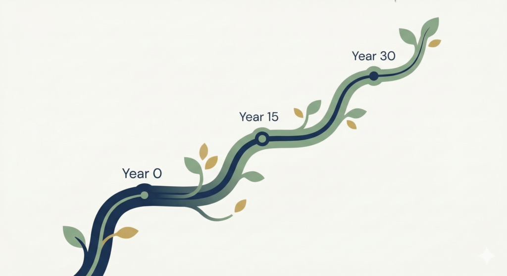 A clean flat design illustration of a line chart shaped like a growing vine, tracking an upward trajectory from Year 0 to Year 30.