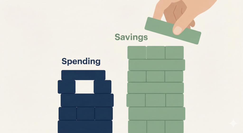 A minimalist illustration showing a hand stacking green savings blocks significantly higher than a pile of navy blue spending blocks.