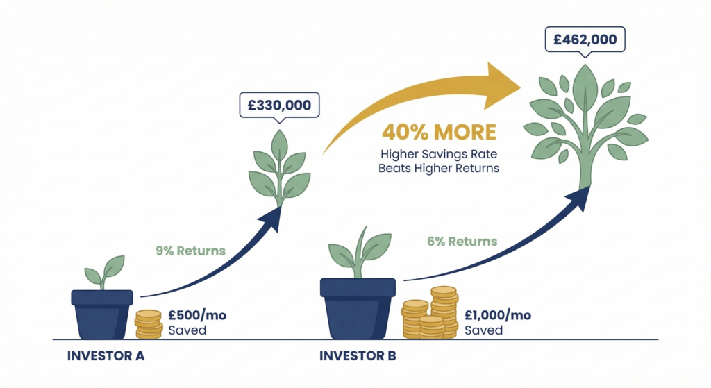 Infographic illustrating that a higher savings rate beats higher investment returns. It shows "Investor B," who saved more at a lower return rate, growing a much larger investment tree (£462,000) compared to "Investor A" (£330,000), highlighting a "40% MORE" outcome.