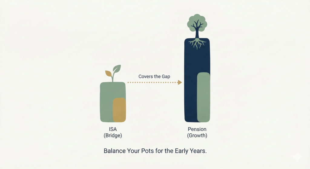 A minimalist infographic showing two distinct vertical shapes side by side. A shorter green shape has a small plant sprouting from it, while a taller dark blue shape has a fully grown tree on top, representing the balance between accessible savings and long term pension growth.
