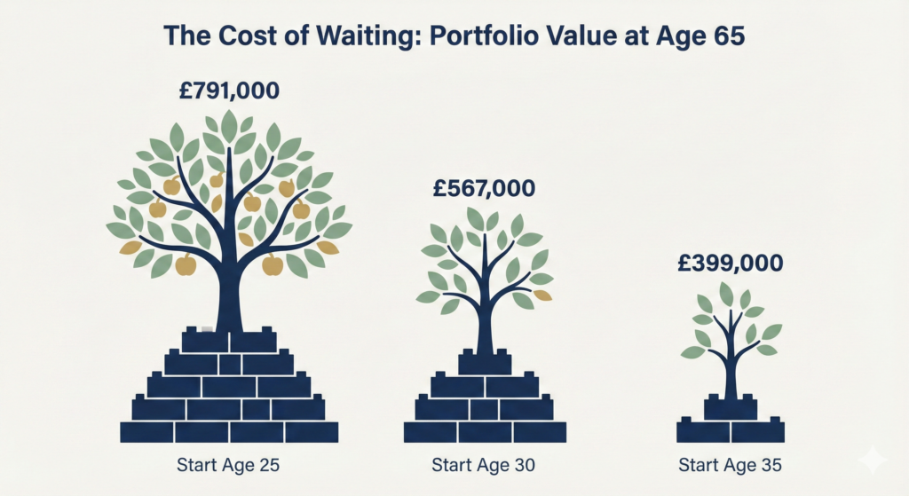 An illustration titled 'The Cost of Waiting: Portfolio Value at Age 65' comparing three final portfolio values. On the left, for 'Start Age 25', a large, stylized tree grows from a tall stack of building blocks, labelled '£791,000'. In the middle, for 'Start Age 30', a medium-sized tree grows from a smaller stack of blocks, labelled '£567,000'. On the right, for 'Start Age 35', a small tree grows from the shortest stack of blocks, labelled '£399,000'. The visual height of the trees and blocks decreases significantly from left to right.