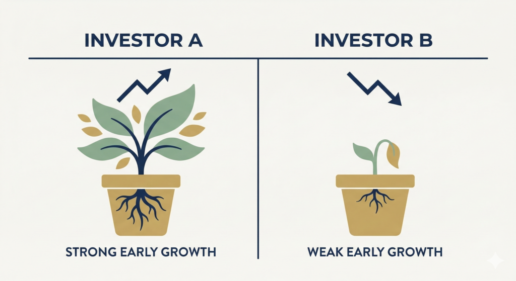 A minimalist illustration comparing two investors. Investor A shows a thriving potted plant with an upward trending line graph labelled Strong Early Growth. Investor B shows a small wilting plant with a downward trending line graph labeled Weak Early Growth.