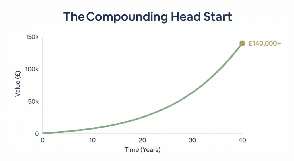 A minimalist line chart demonstrating exponential financial growth over a forty year timeline, reaching a final value of over one hundred and forty thousand pounds.