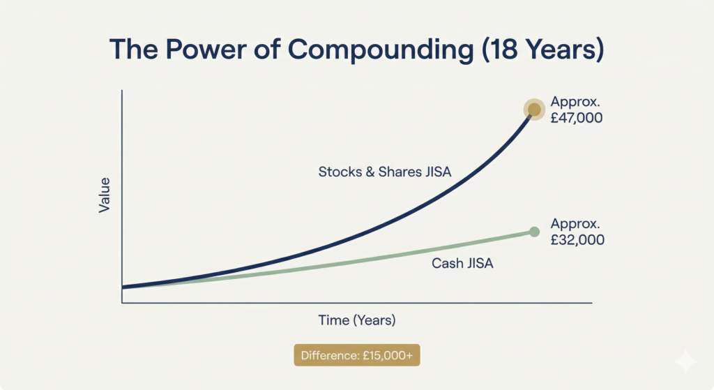 A minimalist line chart showing a navy blue line representing a Stocks and Shares JISA growing significantly faster over 18 years compared to a sage green line representing a Cash JISA.