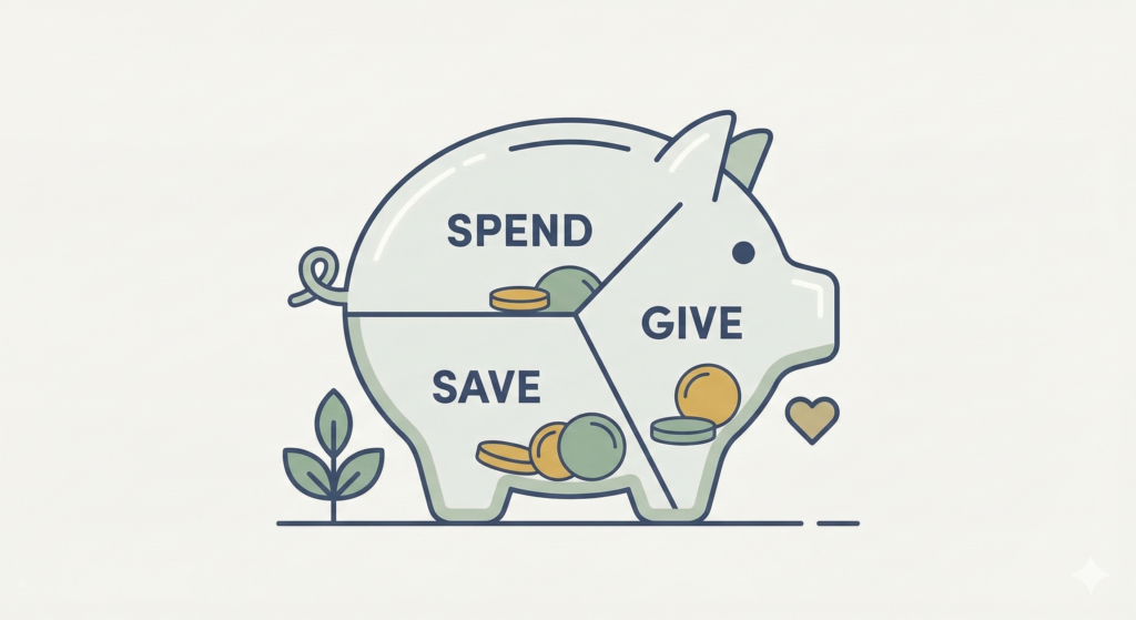 A minimalist flat design illustration of a transparent piggy bank divided into three internal sections labelled "SPEND", "SAVE", and "GIVE", containing stylized coins.