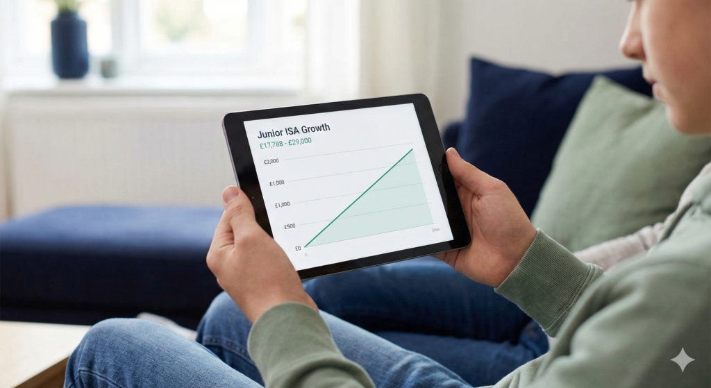 A close-up photograph of hands holding a tablet. The screen shows a line graph titled "Junior ISA Growth" with a green line curving upwards from zero to over £29,000, illustrating value increasing over time.