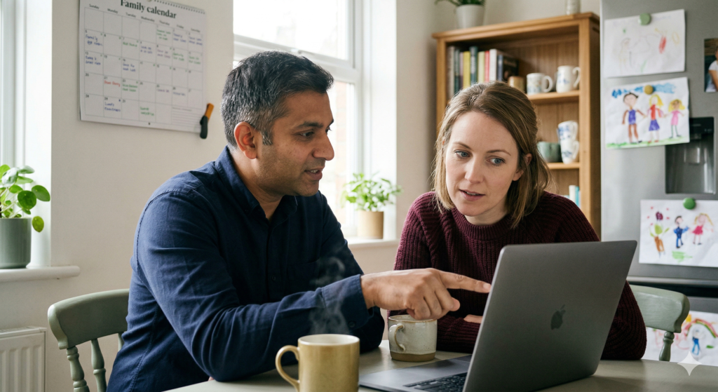 Jamie, a British South Asian man in his late thirties wearing a navy shirt, sits at a kitchen table with Clare, a woman in her mid thirties wearing a burgundy jumper. Jamie is pointing at an open laptop screen while Clare leans forward with a focused and curious expression. Two steaming mugs sit on the table. A family calendar and children's drawings are visible on the wall and fridge behind them.