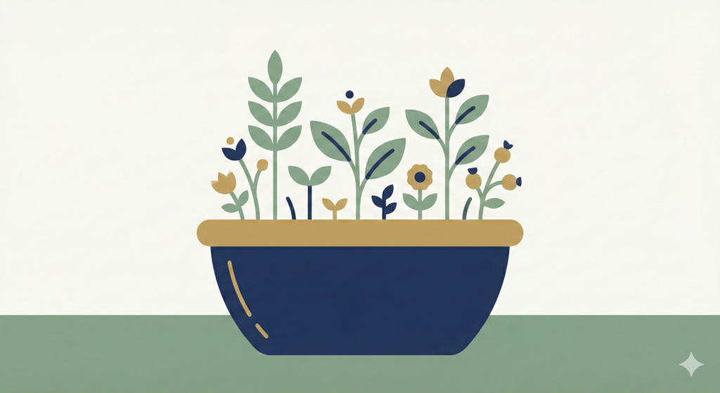 A clean illustration of a single planter pot holding many different types of sprouting plants, representing a diverse collection of companies within a single fund.