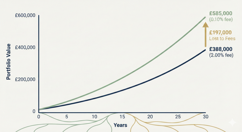 A line graph comparing the 30-year growth of two investment portfolios. One line, representing a low-fee portfolio, ends at a significantly higher value than the other line, which represents a high-fee portfolio, illustrating the long-term cost of fees.