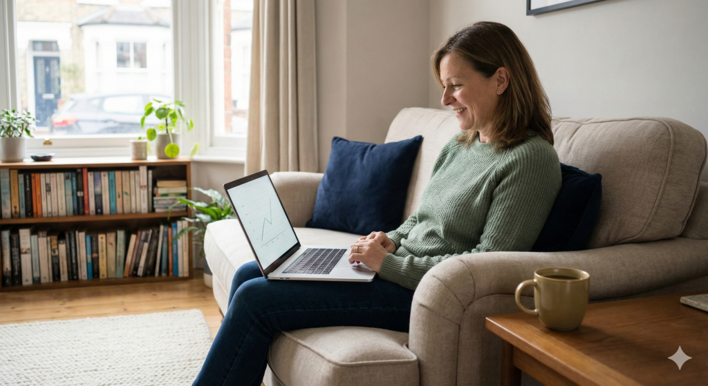 A candid photograph of a woman smiling relaxedly while sitting on a sofa in a cosy living room, looking at a laptop displaying a simple upward-trending financial chart.