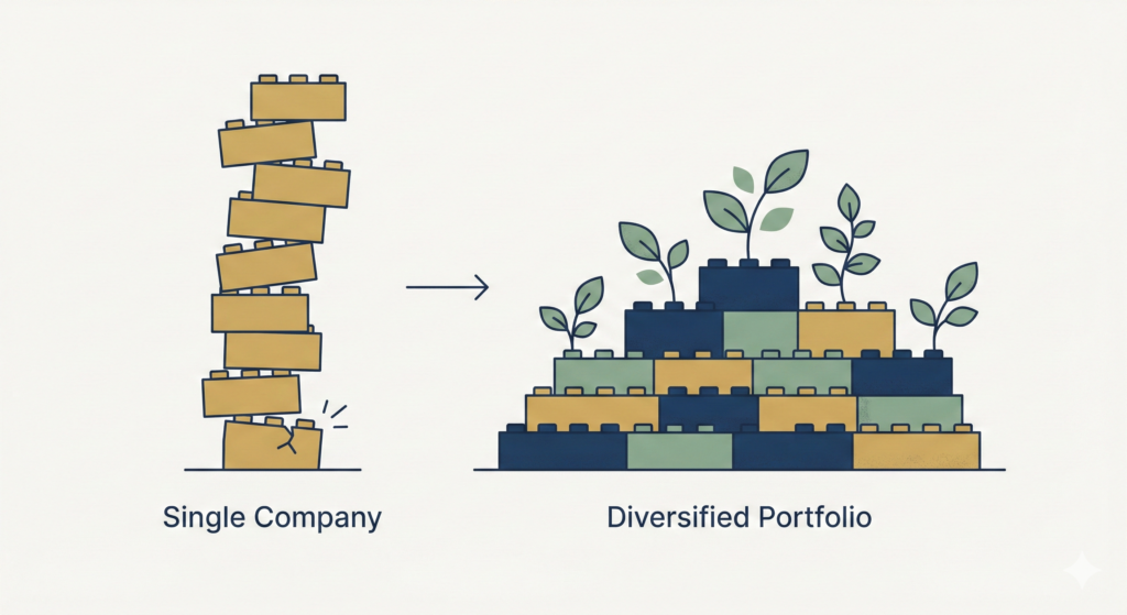 A clean flat design illustration showing a tall, unstable stack of single-coloured building blocks labelled "Single Company" next to a broad, stable foundation of multi-coloured blocks with small green sprouts, labelled "Diversified Portfolio".