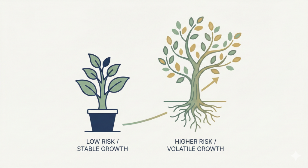 An illustration comparing a small, stable potted plant labelled "LOW RISK / STABLE GROWTH" with a larger, rooting tree labelled "HIGHER RISK / VOLATILE GROWTH," showing an upward arrow of growth.