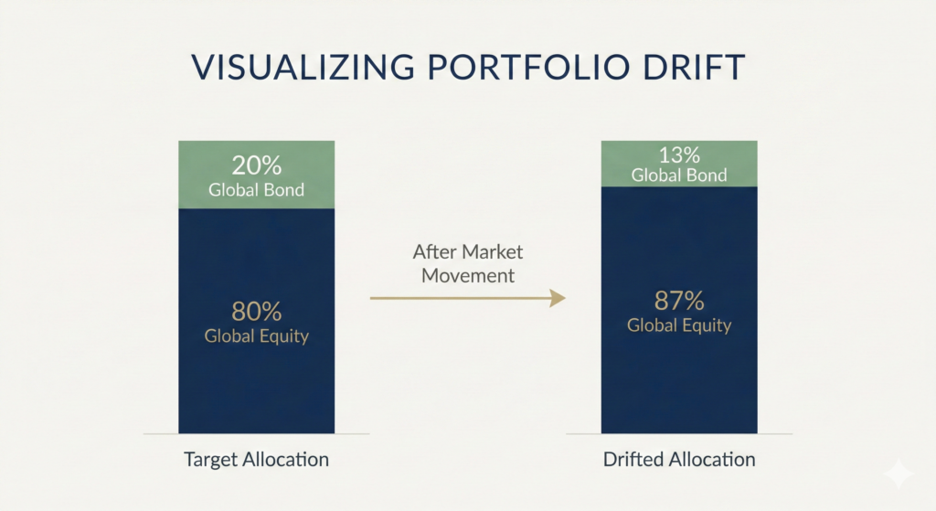 A minimalist infographic titled 'VISUALIZING PORTFOLIO DRIFT'. On the left, a bar chart shows a 'Target Allocation' of 80% Global Equity (navy) and 20% Global Bond (sage). An arrow points to the right chart, 'Drifted Allocation', where the Global Equity share has grown to 87% and the Global Bond share has shrunk to 13%, illustrating how market movements change a portfolio's balance over time.