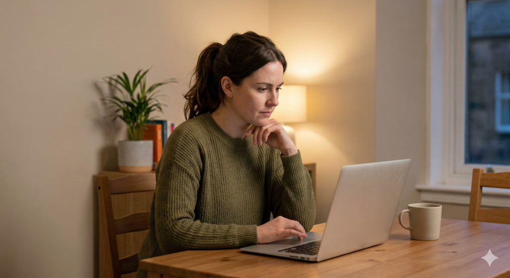 Sarah, a woman in her late twenties with dark hair in a ponytail, wearing an olive green jumper, sits at a wooden dining table in her Edinburgh flat in the evening. She is reading from an open laptop with a focused, thoughtful expression. A mug of tea sits beside the laptop and a houseplant is visible in the background.