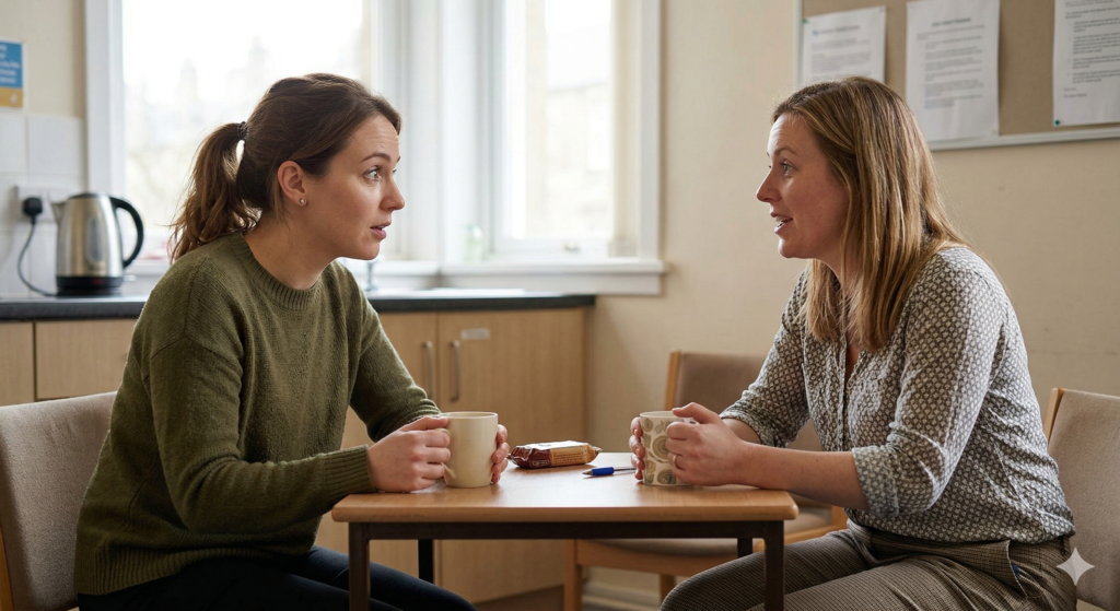 Two women in their late twenties sit opposite each other at a small table in a school staffroom. Sarah, wearing an olive green jumper, looks wide-eyed and genuinely surprised as her colleague speaks. Both women hold mugs. A kettle is visible in the background and a biscuit sits on the table between them.