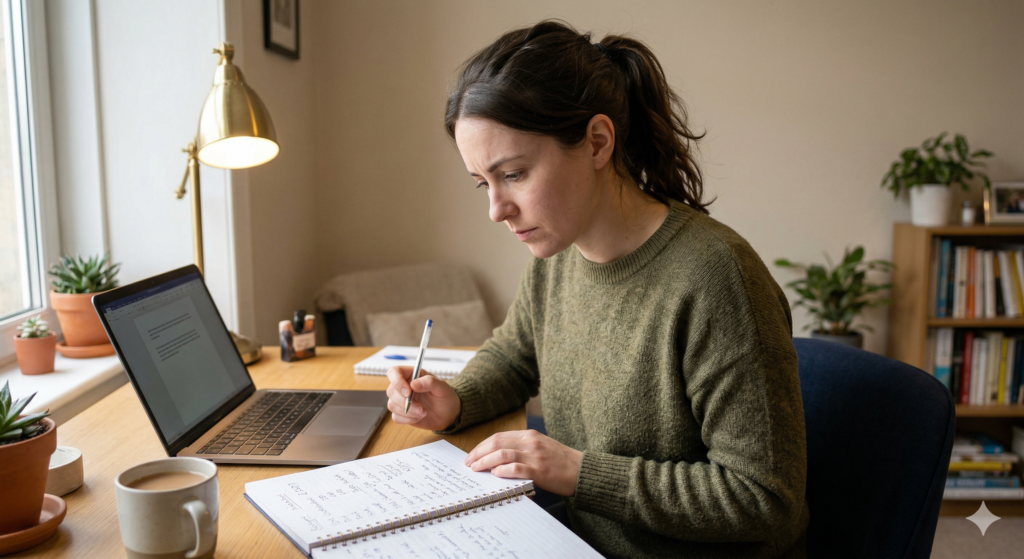 Sarah, wearing an olive green jumper, sits at a desk in her flat writing in an open notepad with a pen. A laptop is open to one side and a mug of coffee sits nearby. She is looking down at her notes with a focused, considered expression as if working through her monthly budget.