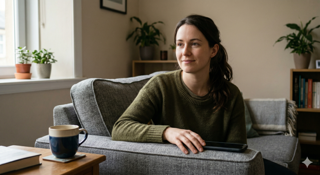 Sarah, wearing an olive green jumper, sits relaxed on a grey sofa in her Edinburgh flat. She is looking forward with a calm, quiet smile, her hand resting on a phone she has just set down. Several houseplants are visible in the background and natural light fills the room.