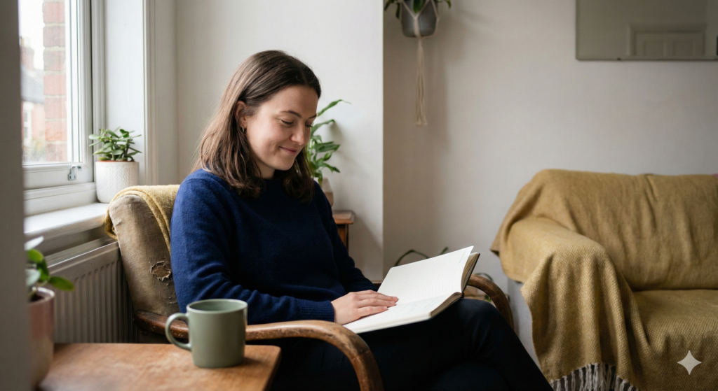 A young woman sitting comfortably in a typical UK living room, looking content and focused while reading a notebook in soft natural light.