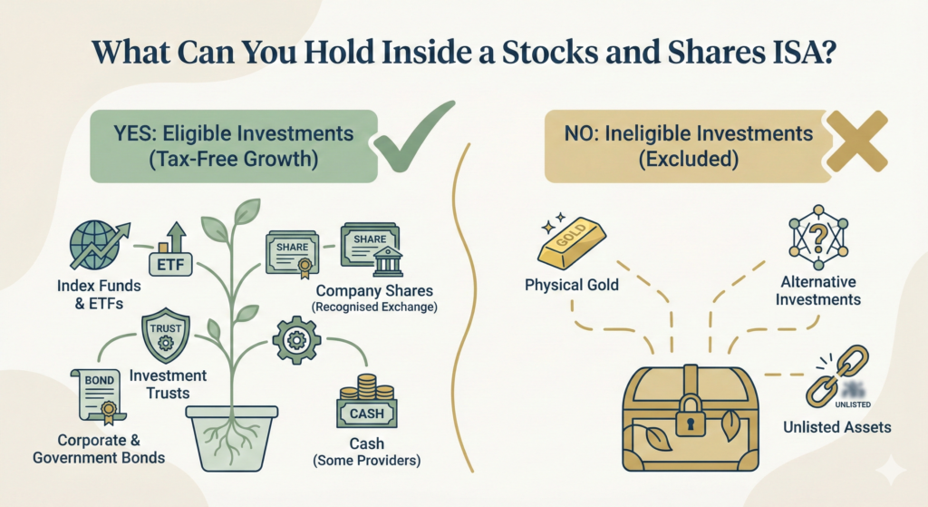 An infographic titled "What Can You Hold Inside a Stocks and Shares ISA?". The left side, under a large green tick, lists eligible investments: Index Funds & ETFs, Company Shares, Investment Trusts, Corporate & Government Bonds, and Cash. The right side, under a large cross, lists ineligible investments: Physical Gold, Alternative Investments, and Unlisted Assets.