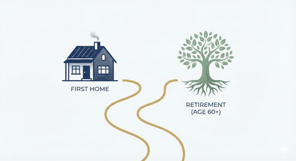 An illustration of a winding path that forks into two separate directions. The left path leads to an icon of a house labelled "FIRST HOME," and the right path leads to an icon of a flourishing tree labelled "RETIREMENT (AGE 60+)."