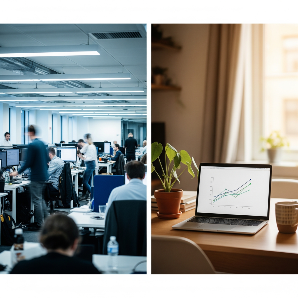A split-panel photograph comparing pension environments: the left panel shows a busy, blurred open-plan office representing workplace schemes, while the right panel shows a calm, tidy home desk with a laptop displaying an investment graph, representing the autonomy of a SIPP.