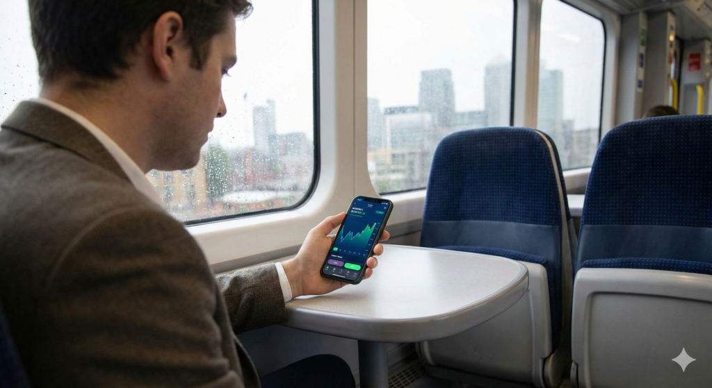 A man checking his investment portfolio on a mobile app while commuting on a train.
