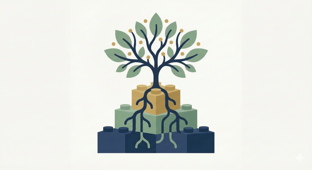 An illustration of three interlocking building blocks (navy, sage, gold) with a leafy tree rooted in and growing from the top, symbolizing how different tax-efficient accounts work together to build long-term wealth.