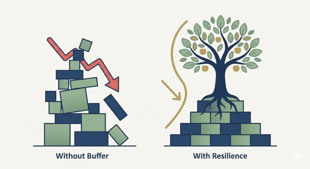 A minimalist illustration comparing a tumbling stack of blocks to a stable pyramid of blocks supporting a healthy rooted tree, symbolizing financial resilience in navy blue and muted gold.