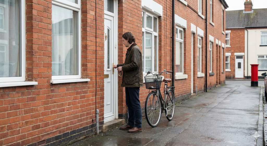A candid photo of a man standing outside a traditional red brick UK terrace house with a bicycle parked on the pavement.