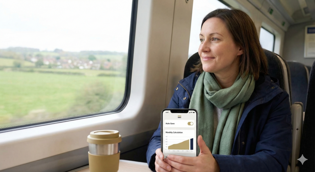 A woman commuting on a train, looking out the window while holding a smartphone displaying a financial app with an "Auto-Save" toggle switched on.