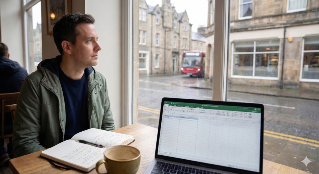 A candid photograph of a focused man sitting in a cosy café, looking thoughtfully out the window. An open notebook, a coffee mug, and a laptop displaying a spreadsheet sit on the wooden table in front of him.