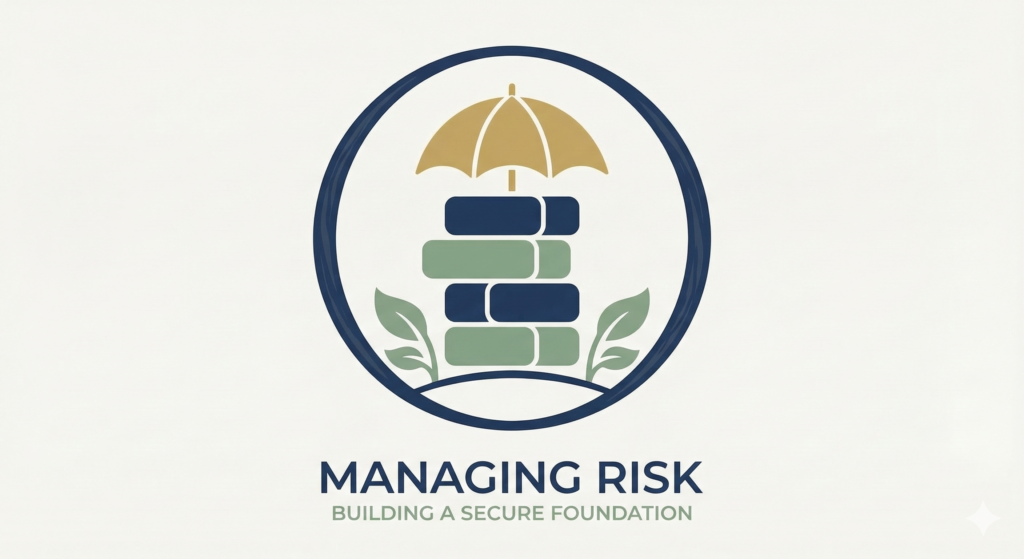 A clean flat design illustration showing a stack of building blocks protected by a golden umbrella and surrounded by green leaves. The text below reads Managing Risk Building A Secure Foundation.
