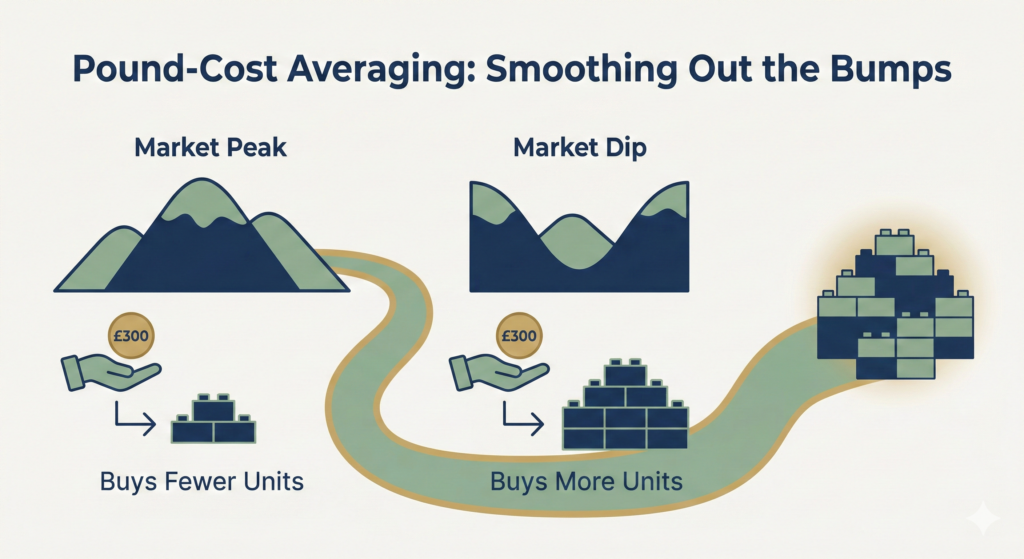 An illustration titled 'Pound-Cost Averaging: Smoothing Out the Bumps'. It shows two scenarios: on the left, under 'Market Peak', a hand with a '£300' coin buys a small stack of blocks, labeled 'Buys Fewer Units'. On the right, under 'Market Dip', the same hand and coin buy a larger stack of blocks, labeled 'Buys More Units'. A wavy path connects both scenarios to a single, large, combined stack of blocks on the far right, representing long-term accumulation.