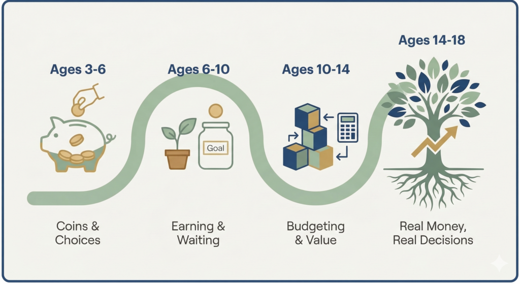 A clean educational timeline illustrating financial growth concepts from ages three to eighteen using icons of a piggy bank, a sprouting plant, building blocks, and a large rooted tree.