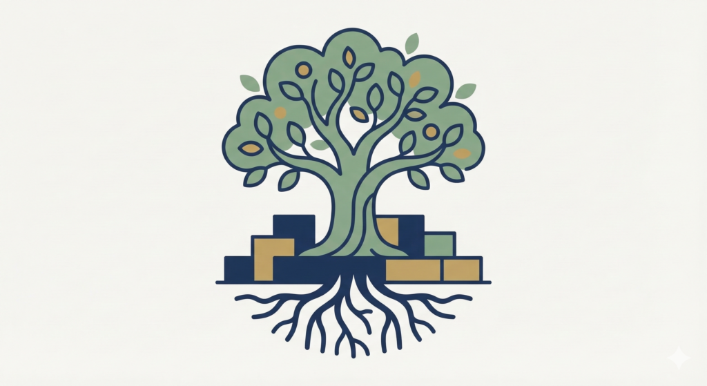 A clean illustration of a green leafy tree with deep navy blue roots growing steadily alongside muted gold building blocks.