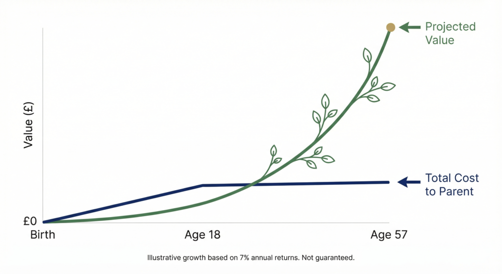 A line graph comparing investment growth from birth to age 57. A flat navy blue line stays low to represent the Total Cost to Parent. A green line, styled as a growing vine with leaves, curves steeply upwards to show the massive exponential growth of the Projected Value.