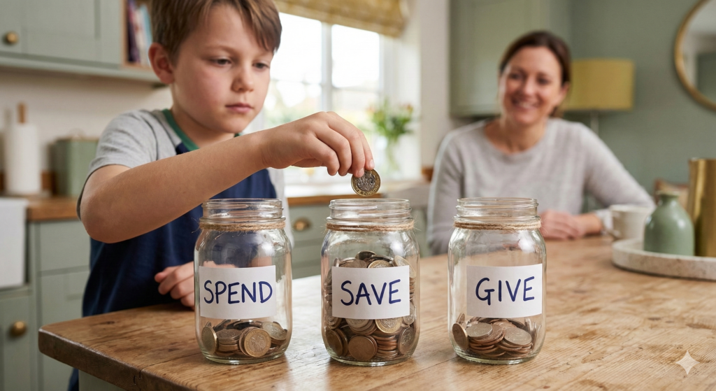 A photograph of a young child carefully placing a coin into a glass jar labelled 'SAVE', which sits alongside two other jars labelled 'SPEND' and 'GIVE' on a kitchen table.