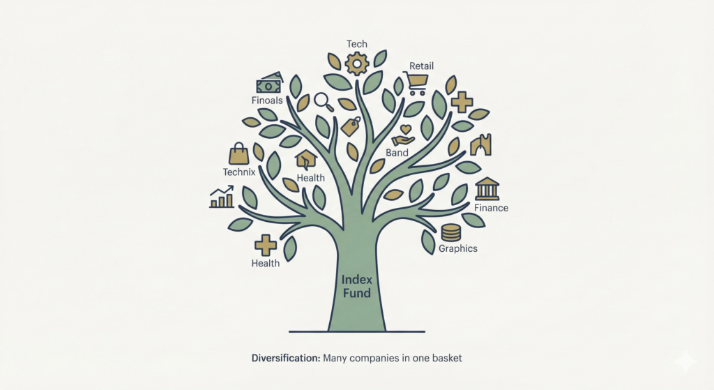 An infographic illustration of a tree with a trunk labeled "Index Fund". Its branches hold small icons representing different business sectors like 'Tech', 'Retail', 'Health', and 'Finance', with text below reading "Diversification: Many companies in one basket".