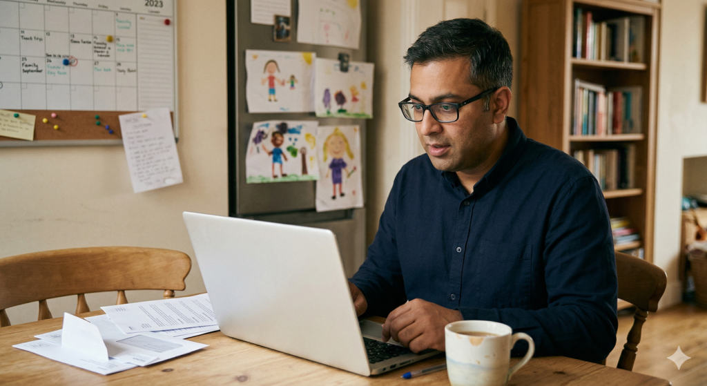 Jamie, a British South Asian man in his late thirties wearing a navy shirt and reading glasses, sits alone at a kitchen table looking at an open laptop. Several printed letters and documents are spread on the table beside the laptop. A mug sits nearby. Children's drawings and a family calendar are visible on the fridge and wall behind him. His expression is focused and quietly surprised.