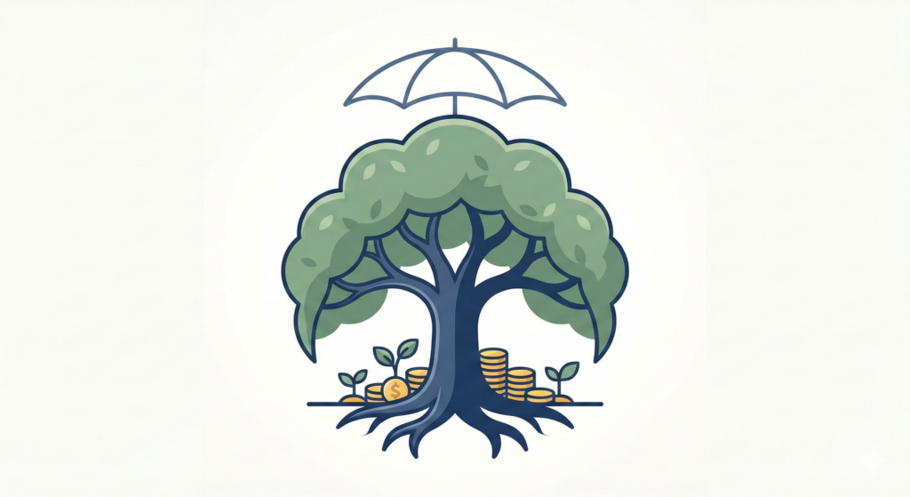 An illustration of a leafy green tree with strong roots sheltering a pile of coins and small plants, with an umbrella symbol above it, representing protecting and growing wealth through the right account.