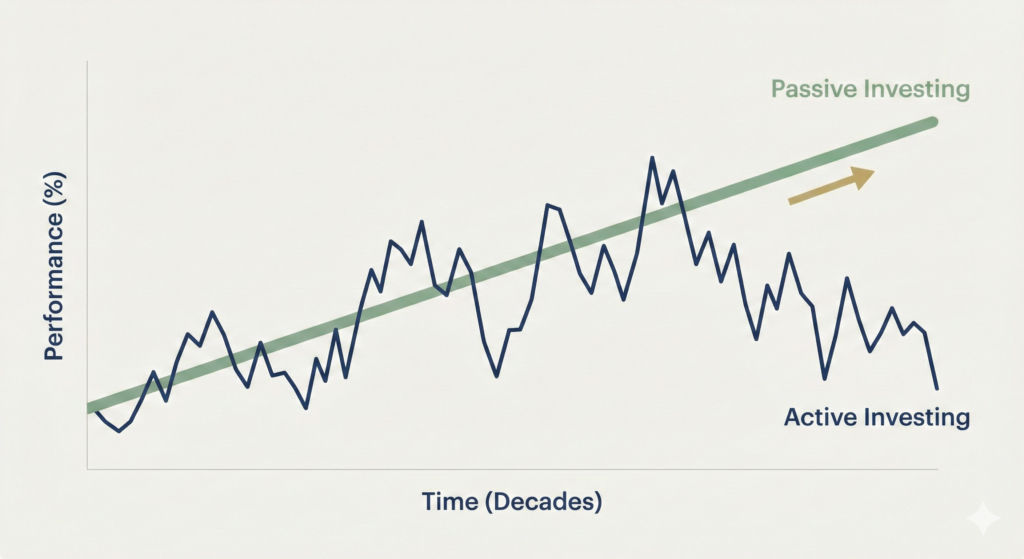 A line chart showing a steady upward trend for "Passive Investing" in green, compared to a volatile and lower-performing "Active Investing" line in blue over decades.