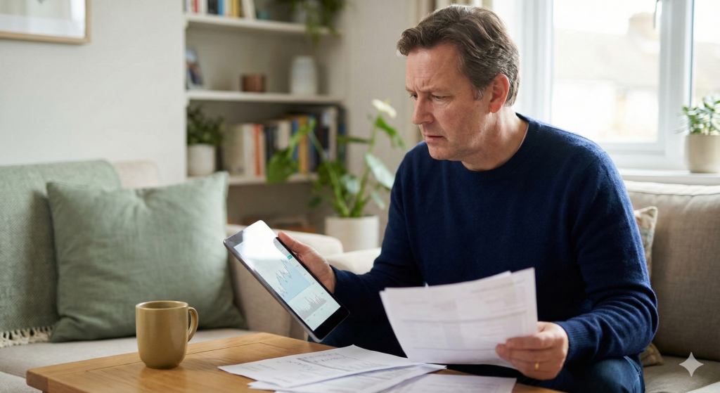 A candid photograph of a man sitting on a sofa, looking concerned as he reviews financial documents on a tablet and paper.