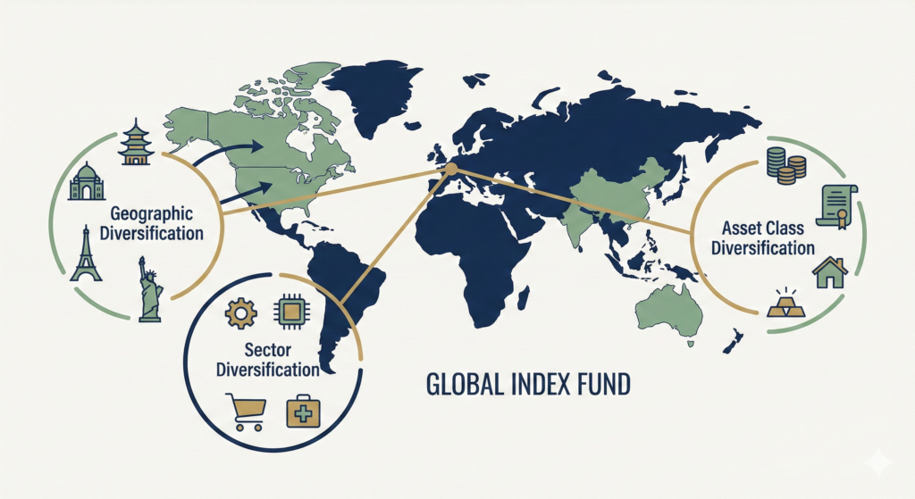 A minimalist infographic on an off-white background with a world map connected by lines to three circular icons: "Geographic Diversification" with landmarks, "Sector Diversification" with industry icons, and "Asset Class Diversification" with financial symbols. All lines converge at the bottom to a "Global Index Fund" label.