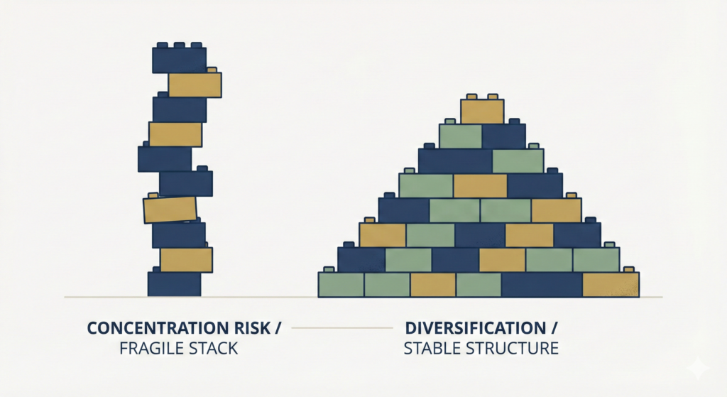 A flat design illustration showing a tall, unstable stack of building blocks labelled "CONCENTRATION RISK / FRAGILE STACK" next to a stable, wide pyramid of blocks labelled "DIVERSIFICATION / STABLE STRUCTURE."